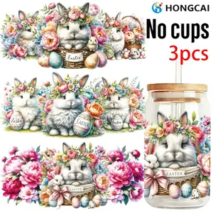 Easter Bunny Theme UV-DTF Transfer Stickers, Waterproof Plastic Decals, Cute Rabbit Flower Egg Art Stickers, Fits 16 Oz Glass Cups