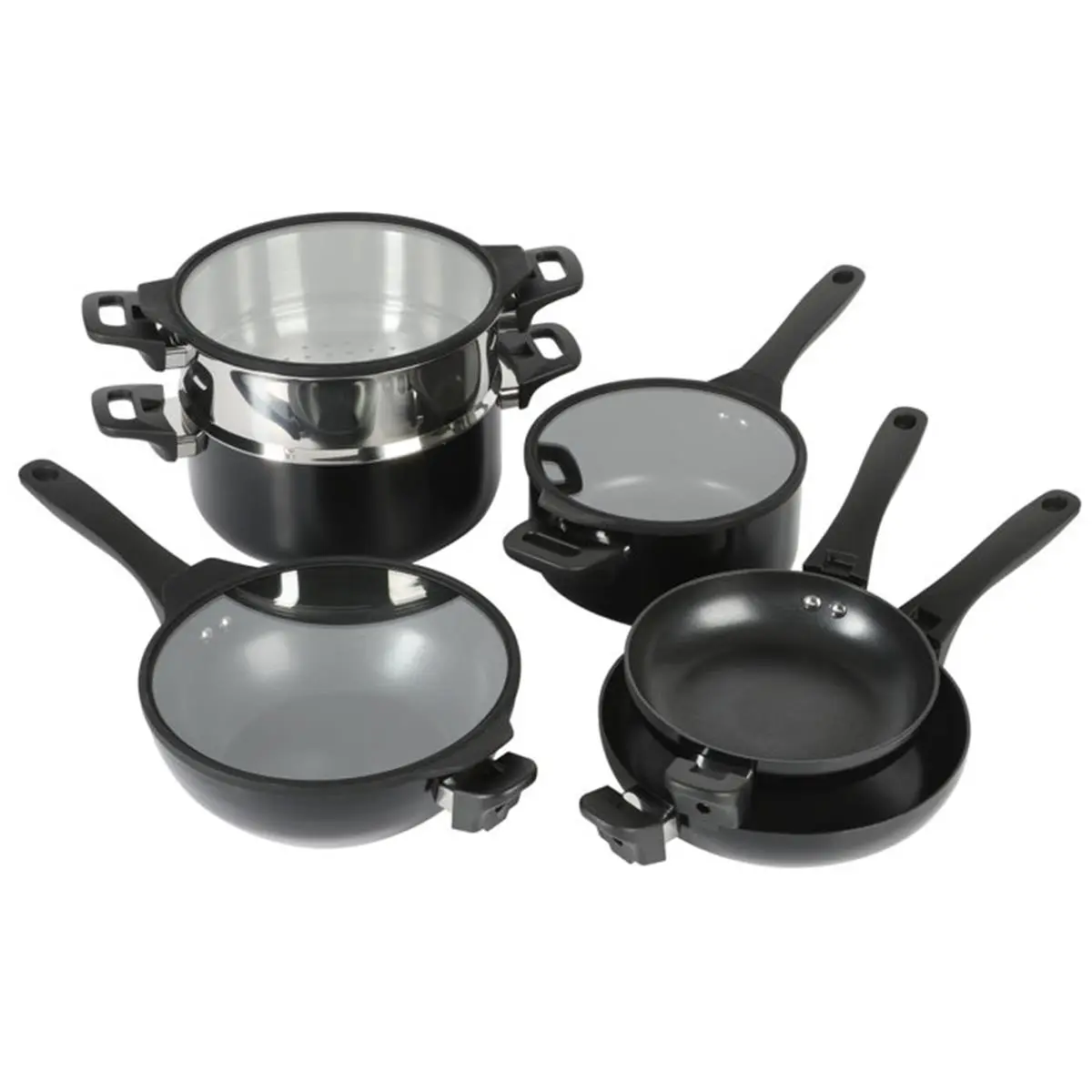 212 MAIN Kenmore Elite Grayson Nonstick Aluminum Stackable 9-Pieces Cookware Set - Black, Aluminum Cooking Set, Even Heating