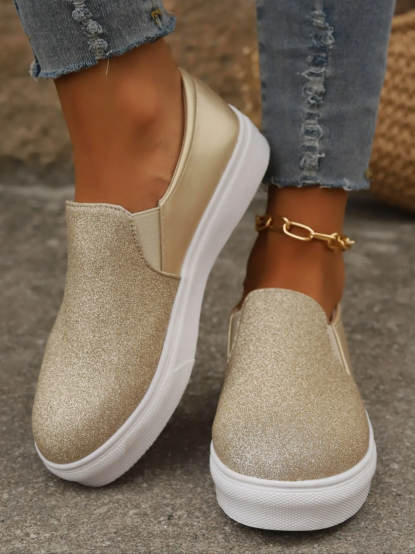 Women's Flat Sequin Low Top Loafers, Casual PU Leather Slip-On Shoes, Round Toe Elastic Band, All Seasons Comfortable Footwear, Casual Fashion Shoes