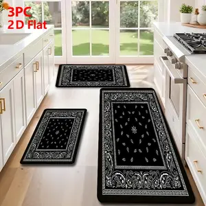 2pcs/3pcs Flannel Kitchen Mat Set, Base with Paisley Border, Non-Slip, Absorbent, Home Decor