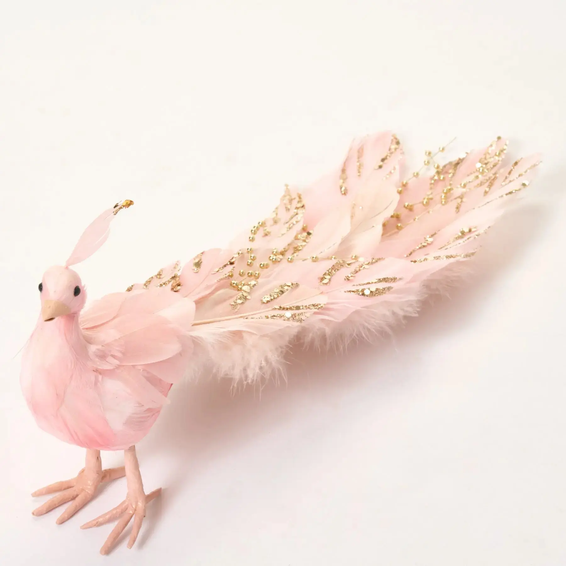 Silver & Gold Sequinned Rose Pink Peacock Feather Wire-Wrap Feet Standing Bird Ornament