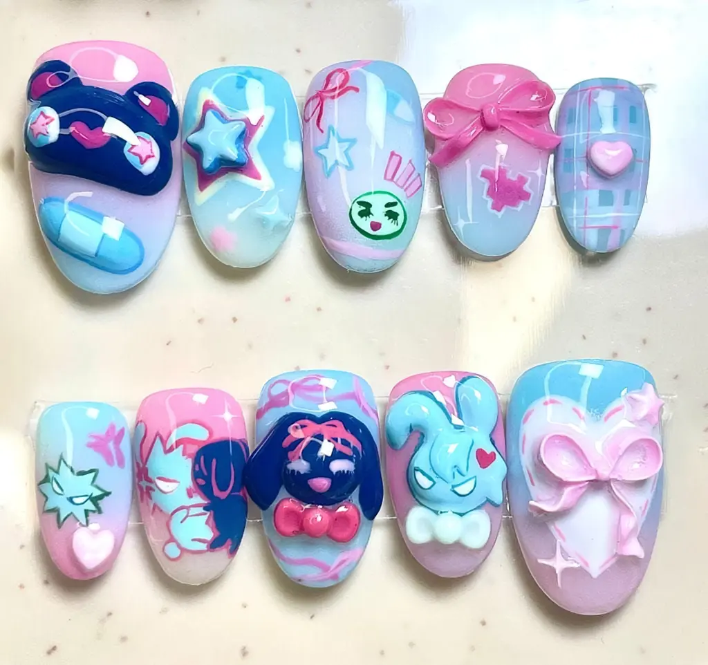 Handmade Y2K Harajuku Jirai Kei Press On Nails | Pastel Pink & Blue 3D Bear Bunny Nails with Ribbons, Stars & Anime Goth Charms with FREE Adhesive Tabs FREE Nail File FREE Cuticle Stick