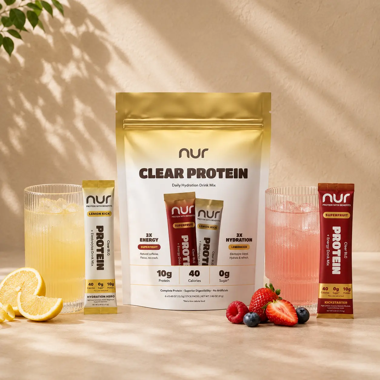 NUR Discovery Pack, Clear Whey Protein Drink Mix, 6 Single-Serve Sticks, 3 Lemon Kick + 3 Superfruit, Protein + Hydration + Energy, Zero Sugar, Lactose-Free, Keto-Friendly, Gut-Friendly, Electrolytes, Wellness, Clean Ingredients, Protein Powder for Women