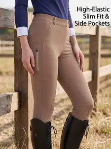 Women's High Waist Equestrian Pants, Breathable Polyester Fabric, Elastic Silicone Anti-Slip Straps, Side Pockets, Tight-Fit Design, High Rise Bottoms