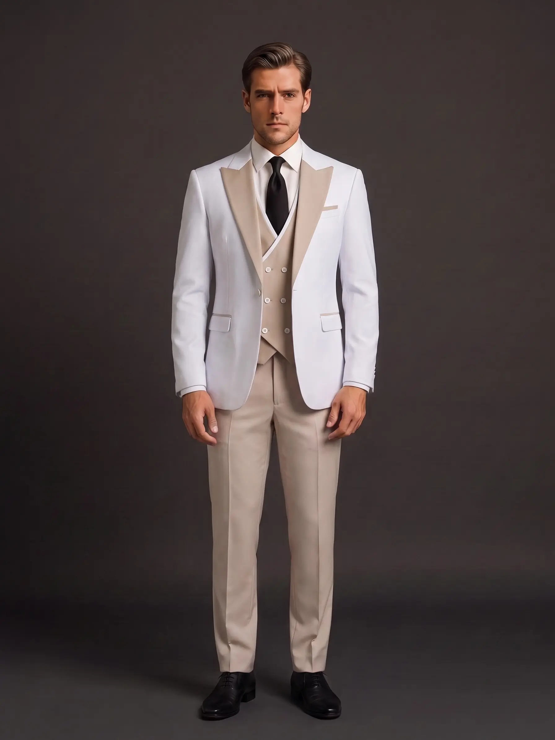 Men's 3-Piece Slim Fit Solid Formal Suit with Contrast Collar, Chic Minimalist Menswear with Buttons, Polyester Groom Attire for Weddings, Evening Events Beige Long Sleeve