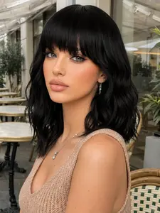 Natural Black Wigs 14 Inch for Women - Shoulder Length Wave Wig with Pre-Cut , Middle Part Natural Wavy Bob Synthetic Heat Resistant Fiber for Daily and Party