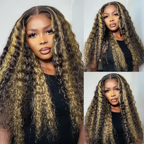 QUANDIAN Women's 13x4 HD Lace Front Deep Wave Human Hair Wig, 180% Density, Pre-Plucked Lace, Natural Hairline, Ombre Balayage FB/27, Breathable Cap