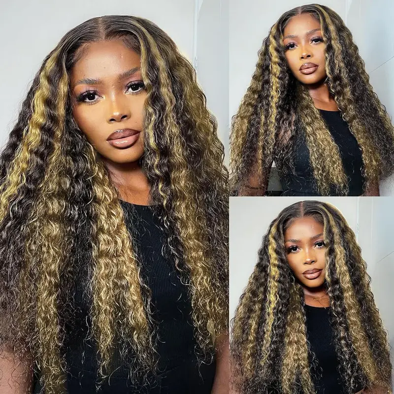 QUANDIAN Women's 13x4 HD Lace Front Deep Wave Human Hair Wig, 180% Density, Pre-Plucked Lace, Natural Hairline, Ombre Balayage FB/27, Breathable Cap,sohochic