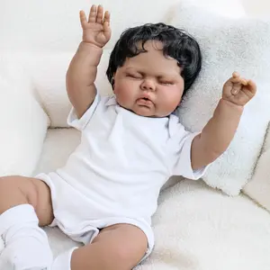 Reborn Baby Doll 19 Inch Lifelike African American Dolls Soft Cloth Body Vinyl Limbs Implanted Black Curly Hair Full Feeding Set Gift for Kids Collector