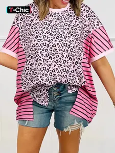 Hotapei Summer Fashion Style Streetwear Leopard Striped Stripe Patchwork Side Slit Loose Short Sleeve Top, Casual Stylish Lady Womenswear, Perfect for Everyday Wear