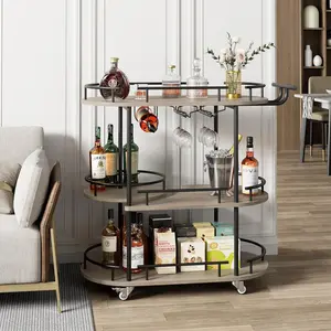 Garvee 3-Tier Bar Cart on Wheels with Wine Rack and Glass Holder, Metal Kitchen Utility Cart for Coffee Station, Mini Home Bar, and Dining Room - Black and Grey