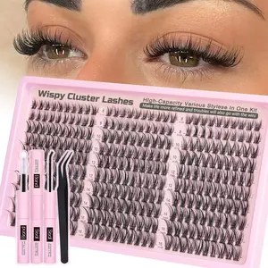 Lash Clusters Kit Wispy Eyelash Clusters Lashes Natural DIY Lash Extension Kit 8-16mm Cluster Eyelash Extensions Kit 300pcs C Curl Individual Lashes Cluster Eyelash (With Tweezers)