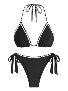 Two-piece Set Women's Colorblock Print Bikini Set, Casual Halter Neck Tie Back Swim Bra & Swim Panty, Two-piece Swimsuit for Beach Holiday Vacation