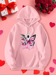 Women's Butterfly & Floral Print Thermal Lined  Hoodie, Fashion Casual Drawstring Pocket Hooded Sweatshirt for Daily Holiday Outdoor Wear, Ladies Clothes for Fall & Winter