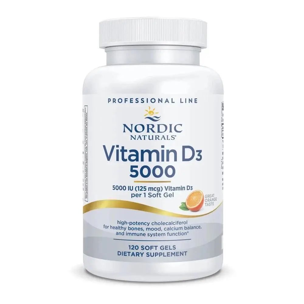Nordic Naturals Pro Vitamin D3 5000 Supplement - Potent Natural Source Soft Gel, Orange Flavor, 120 Capsules, Non-GMO, Gluten & Dairy Free, Third-Party Tested for Strong Bones Support