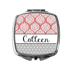 Joyful Moose Personalized Coral Damask Compact Purse Mirror - Custom Name Makeup Blend Cosmetic Gift for Her