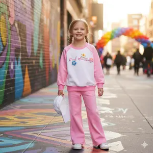 Chic Girls Pink Mood Floral Applique Raglan Sweatshirt & Wide Leg Pants 2 Piece Set | Vibrant Cozy Kids Tracksuit for 4-7 Year Olds | Fashionable Loungewear & Perfect Birthday Gift Idea!