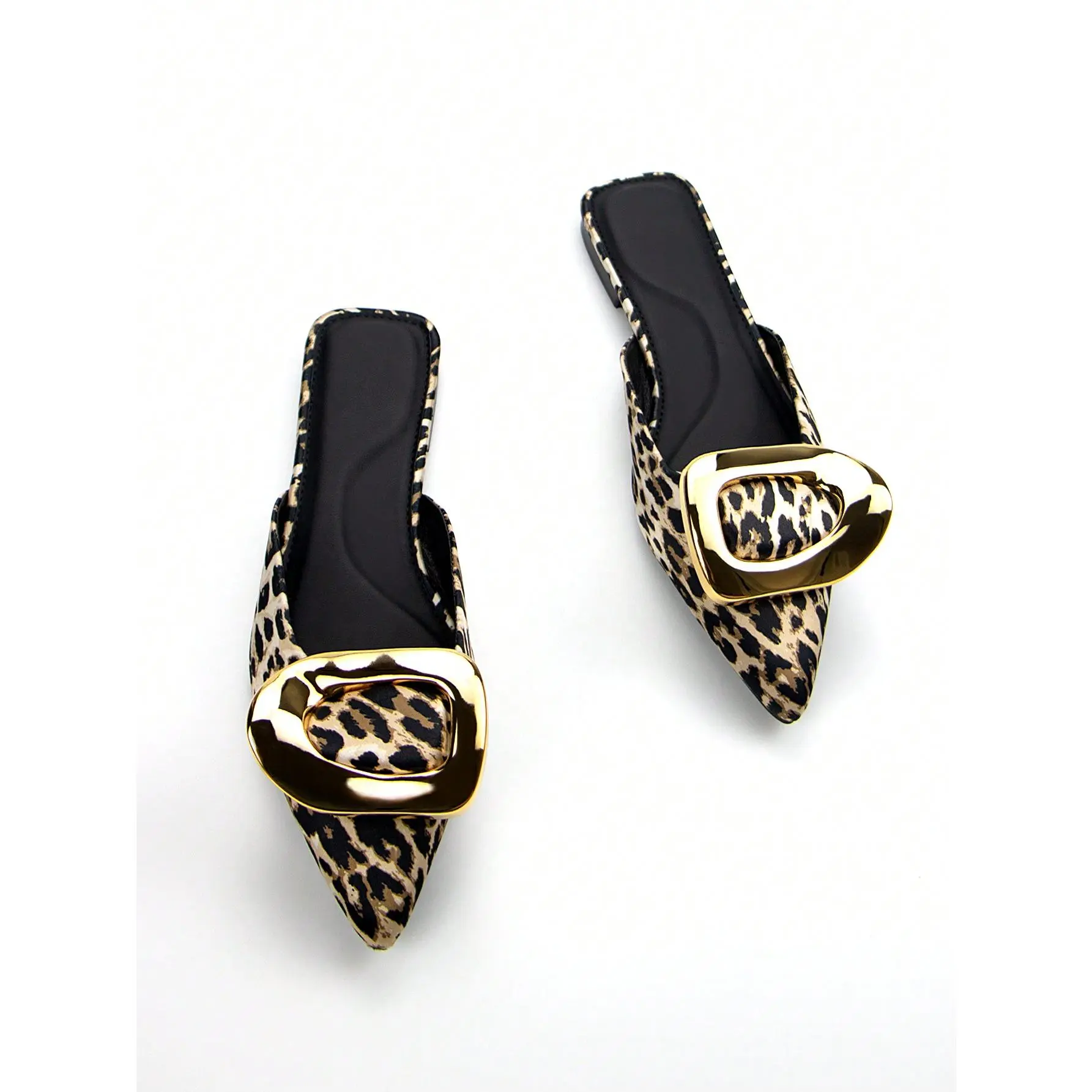 DealsForYouDays 2025 Autumn Women's Classic Fashion Gold Hardware Embellished Leopard Print Fabric Pointed Toe Comfortable Flat Mule Shoes, Daily Wear