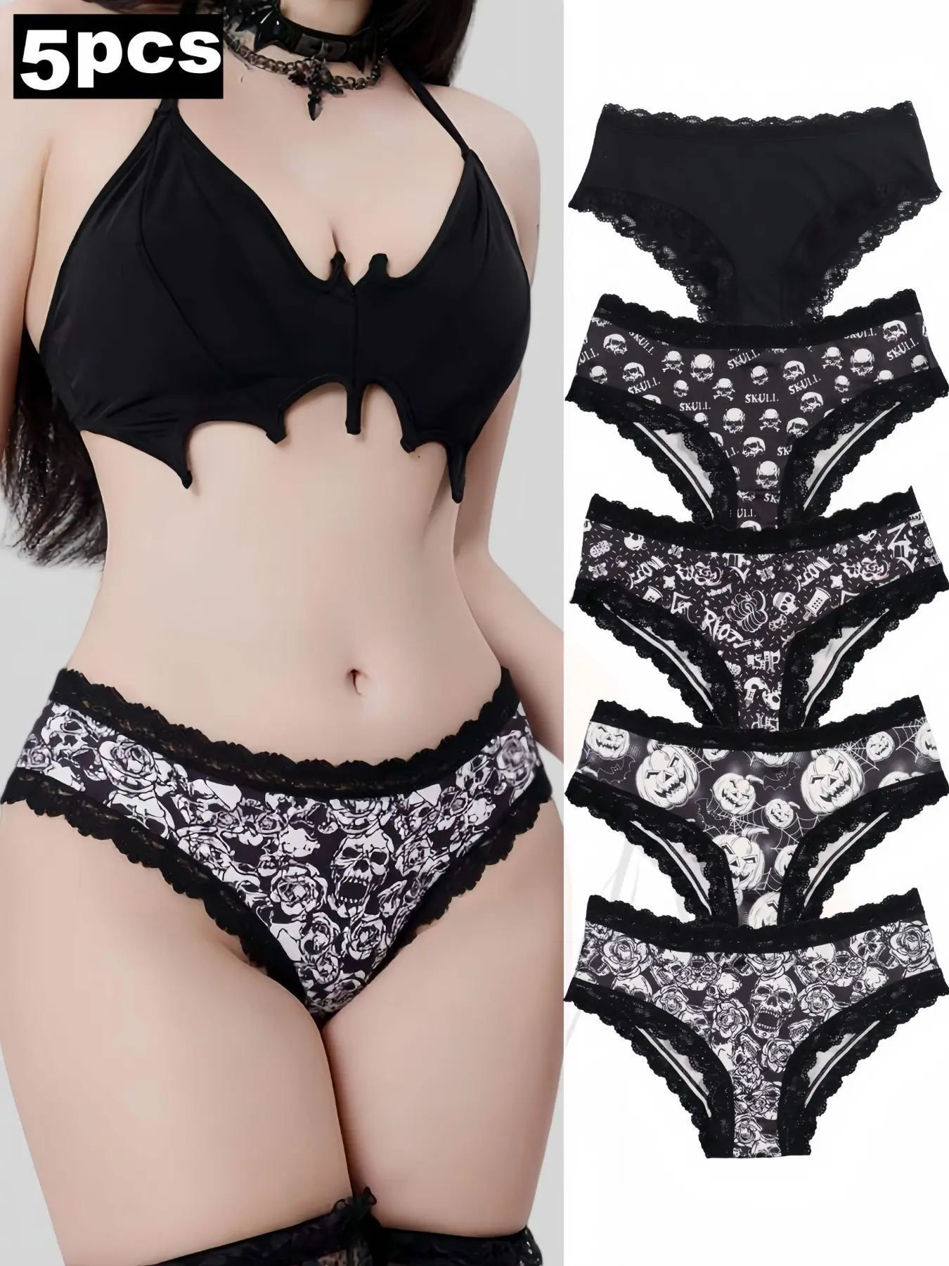 5-Pack Women's Triangle Underwear Set, Lace Trim, Gothic Skull Print, Comfortable Casual Lingerie, Halloween Inspiration, outfitinspo & baddie & halloween & lingerie & theboys, Piece