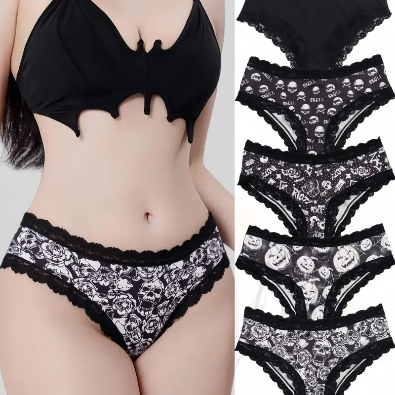 5-Pack Women's Triangle Underwear Set, Lace Trim, Gothic Skull Print, Comfortable Casual Lingerie, Halloween Inspiration, Dark, outfitinspo & baddie & halloween & lingerie & theboys