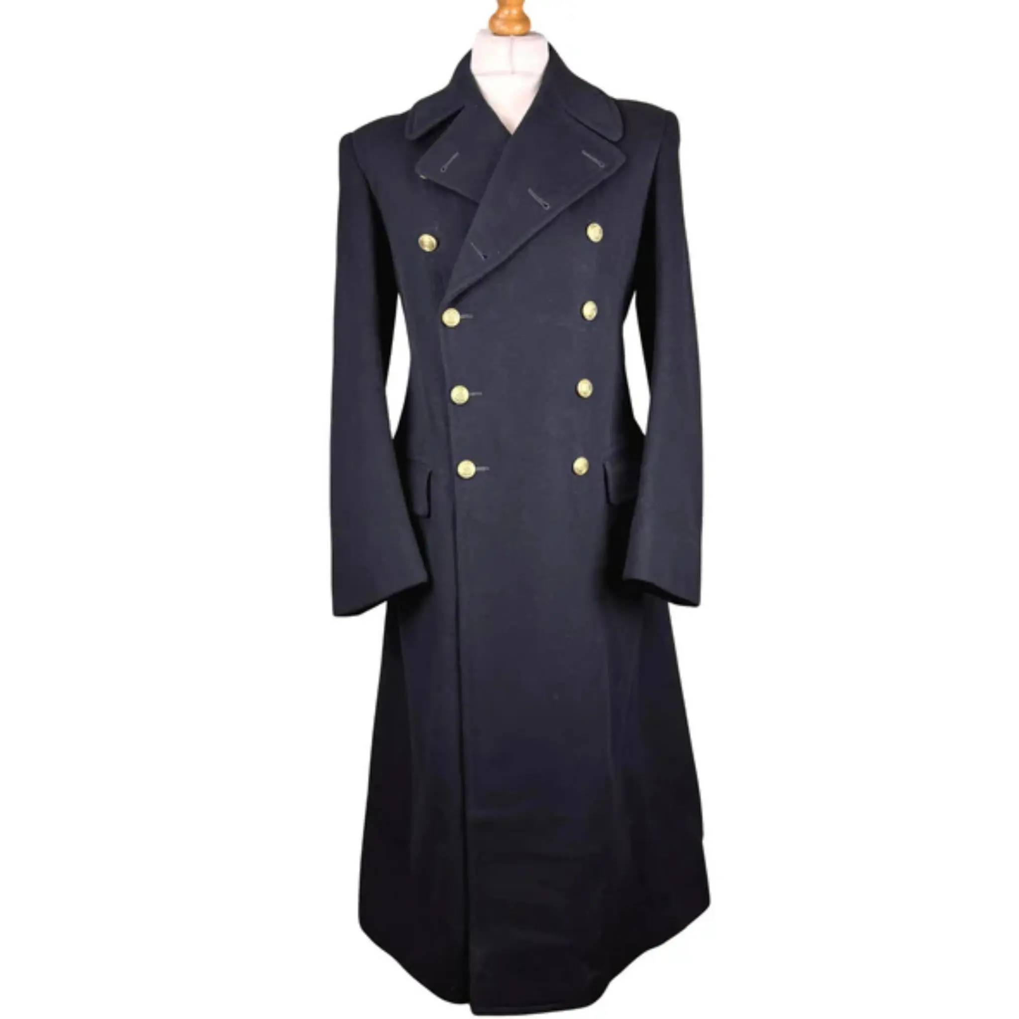 1943 WW2 Royal Navy Officer's Greatcoat Dark Navy Wool Double-Breasted with Brass Buttons Structured Shoulders Classic Naval Design