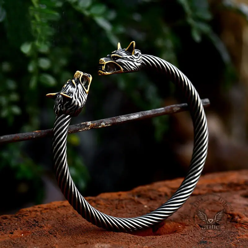 GTHIC Viking Dominating Double Wolf Head Stainless Steel Open Bracelet Powerful Nordic Accessory for Parties or Daily Outfits