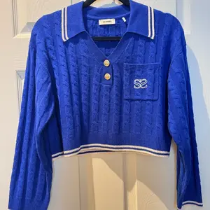 SANDRO NWOT Royal Blue Wool/Cashmere Cropped Cardigan W/ White Trim Size 2 (M/L) Knitwear