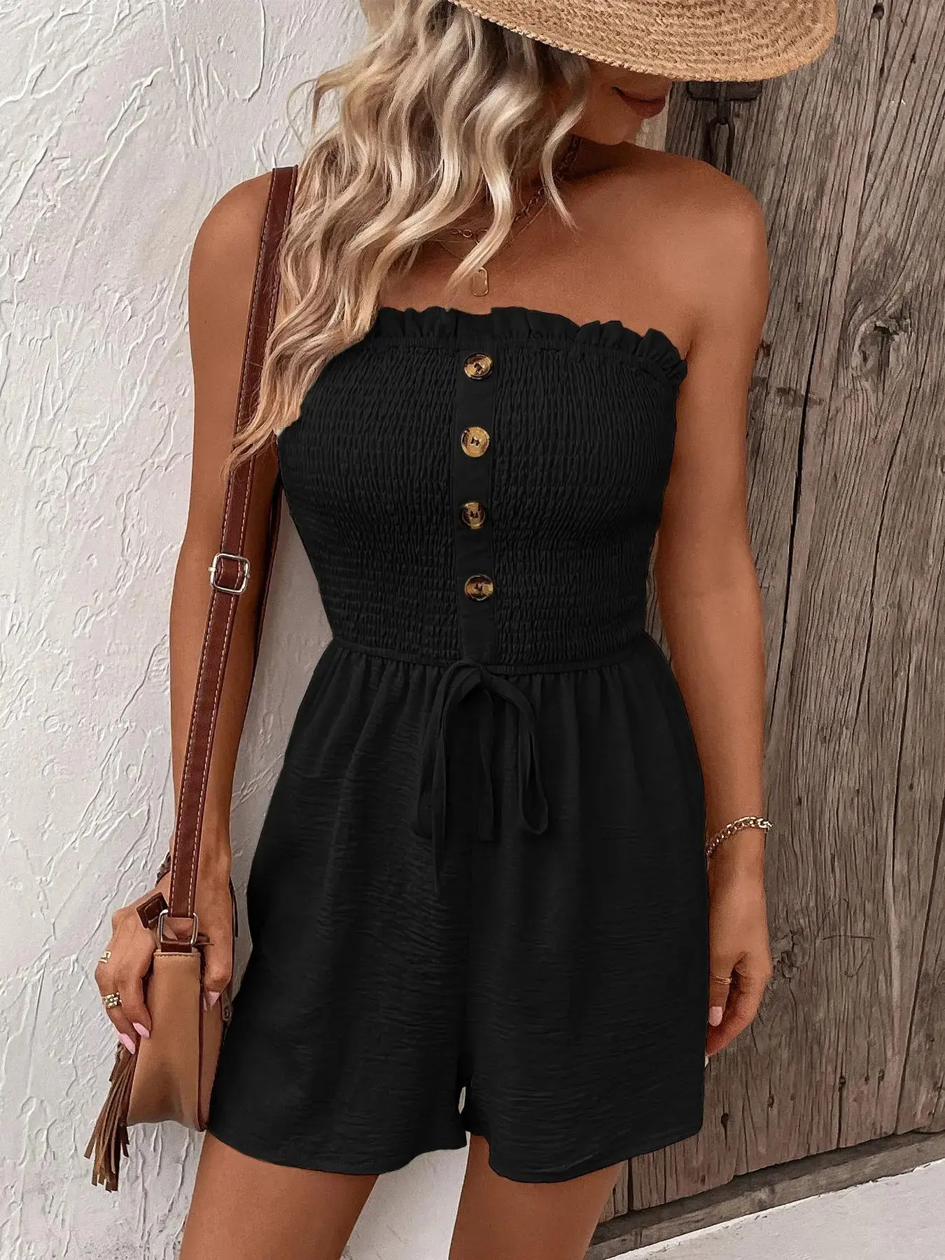 Women's Plain Ruched Shirred Tie Front Bandeau Sleeveless Fitted Romper with Frill Trim, Boho Strapless High-Waisted Romper for Summer, Fashion Casual Women's Romper for Daily Wear, Comfy Casual Romper Womenswear Lady