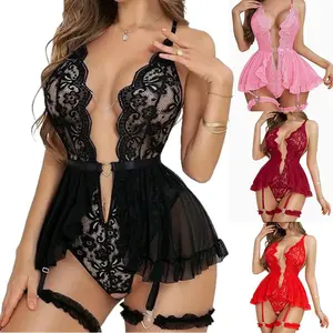 Women's Lace Lingerie Set Plunge V Neck Backless Nightdress