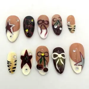 Retro Cherry Star Press On Nails, Vintage Nude Brown False Nails with Bow & Ribbon, Y2K Handmade Acrylic Nail Art, Cute 3D Long Fake Nails