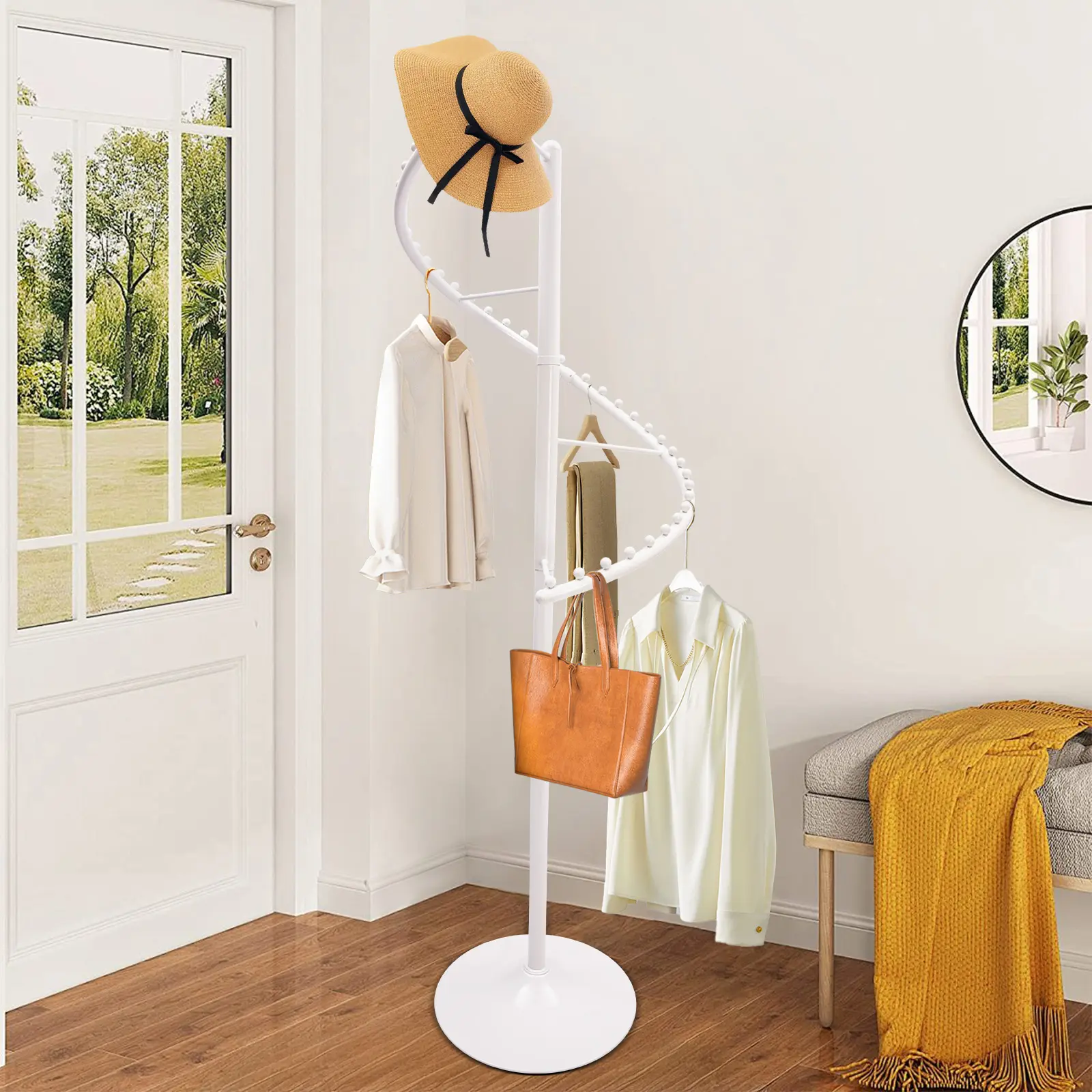 CNCEST Self-Standing Modern 360° Rotating Coat Rack - 5.9ft Tall White Spiral Organizer with Multiple Hanging Bars for Scarves, Hats, Bags, Modern Coat Racks, Self-Standing Coat Racks