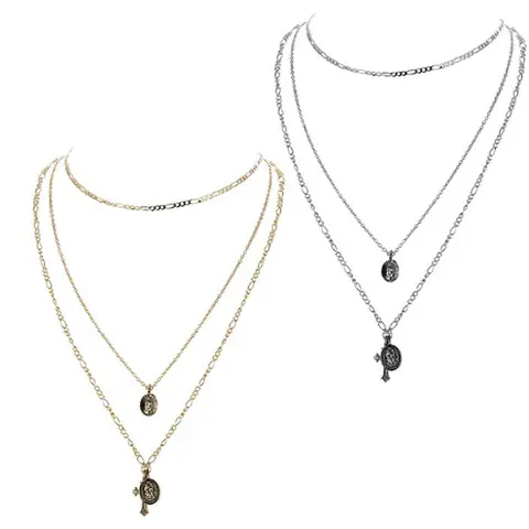 Women's 2-Piece Silver-Tone Religious Necklace Set - Dainty Layering Jewelry, Elegant Choker with Cross Crucifix, Blessed Virgin Mary Pendant & Tag Coin, Adults' Party & Daily Accessory