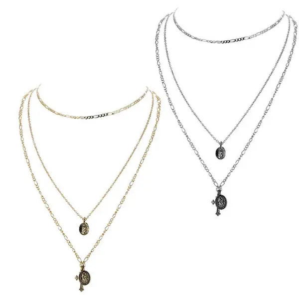 Women's 2-Piece Silver-Tone Religious Necklace Set - Dainty Layering Jewelry, Elegant Choker with Cross Crucifix, Blessed Virgin Mary Pendant & Tag Coin, Adults' Party & Daily Accessory