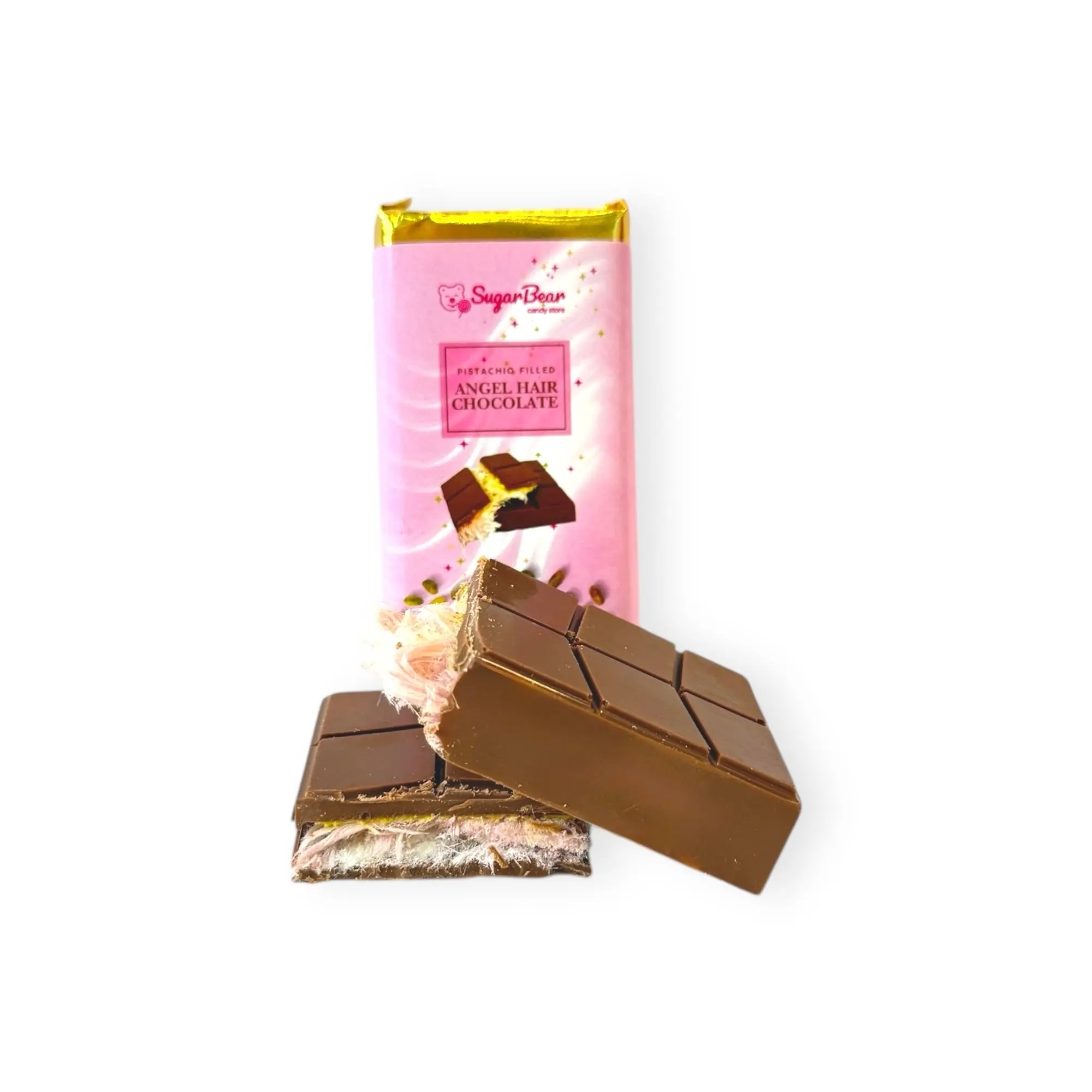 Milk Angel Hair Luxury Chocolate Pistachio Filled - Viral Milk Chocolate With Cotton Candy And Pistachio Cream - 2.8 oz Dessert Snack
