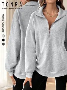 Women's Loose Fit Long Sleeve Zipper Design Plain Knitted Sweatshirt, Fall & Winter Minimalist Casual Fashion, Comfortable Daily Wear