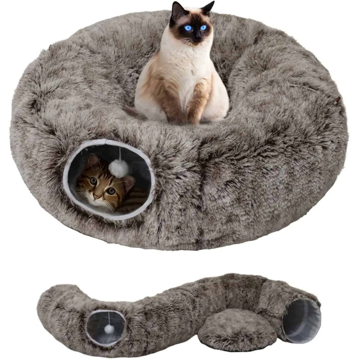 Cat Tunnel Bed for Indoor Cats with Washable Cushion Cat Cave Donut Tunnel with Fluffy Ball Big Round Tube Pet Playground Toys Soft Plush Peekaboo for Kitten, Cat, Puppy, Rabbit, Ferret（Brown）