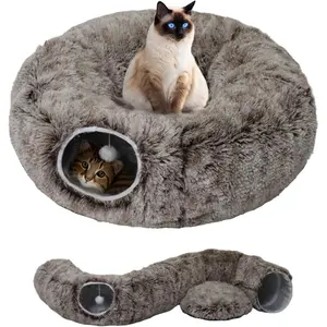 Cat Tunnel Bed for Indoor Cats with Washable Cushion Cat Cave Donut Tunnel with Fluffy Ball Big Round Tube Pet Playground Toys Soft Plush Peekaboo for Kitten, Cat, Puppy, Rabbit, Ferret（Brown）