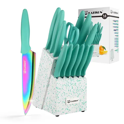 Katisun 14-Piece Kitchenware Cutting Knife Block Set - Anti-Rust Color Titanium Coated Carbon Steel Knives, Kitchen Shears, Easy Storage, Dishwasher Safe Utensils (Black Friday)