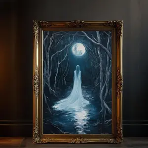 Dark Academia Art Printable, Moonlit Forest Painting, Enigmatic Night Scene, Mystical Art Print, Ethereal Forest Decor, Unframe
