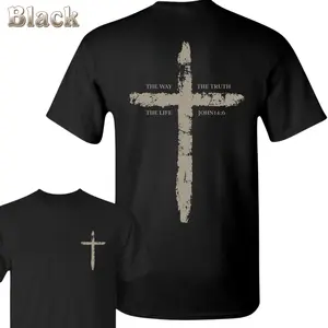 John 14:6 Christian T-Shirt - Distressed Cross Graphic With The Way The Truth The Life Quote , Bible Verse Shirt , Faith Based Religious Tee , Unisex Comfortable Shirt , Daily Wear , Gift For Believers