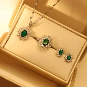 Necklace, ring, and earrings three-piece set, light luxury niche high-end style, inlaid with emerald zircon, non-fading sweater chain