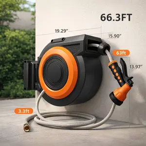 Retractable Garden Hose Reel with 9-Function Spray Nozzle, Any Length Lock, Slow Rewind System, Wall Mounted 180° Swivel Bracket, Auto Guide Rewind, Perfect for Garden Watering, Car Washing