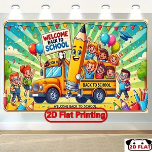 2D Flat Banner 1pc, Vibrant "Welcome Back to School" Banner -   Colorful School - Themed Decoration Cartoon Youngsters, Pencils & Balloons, Durable Outdoor & Indoor Flag Classroom, Yard, Studio, Home & Ga