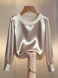 Elegant Women's Round Neck Pearl Embellished Long Sleeve T-Shirt Fitted, Commuter Wear, Casual Elegance, Valentine's Day, Date Night, Top, Womenswear