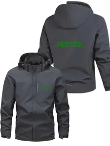 Men's Lightweight Polyester Fashion Hooded Jacket, Festool Letter Print, Full Zip Front, Casual Outdoor Spring Summer Coat