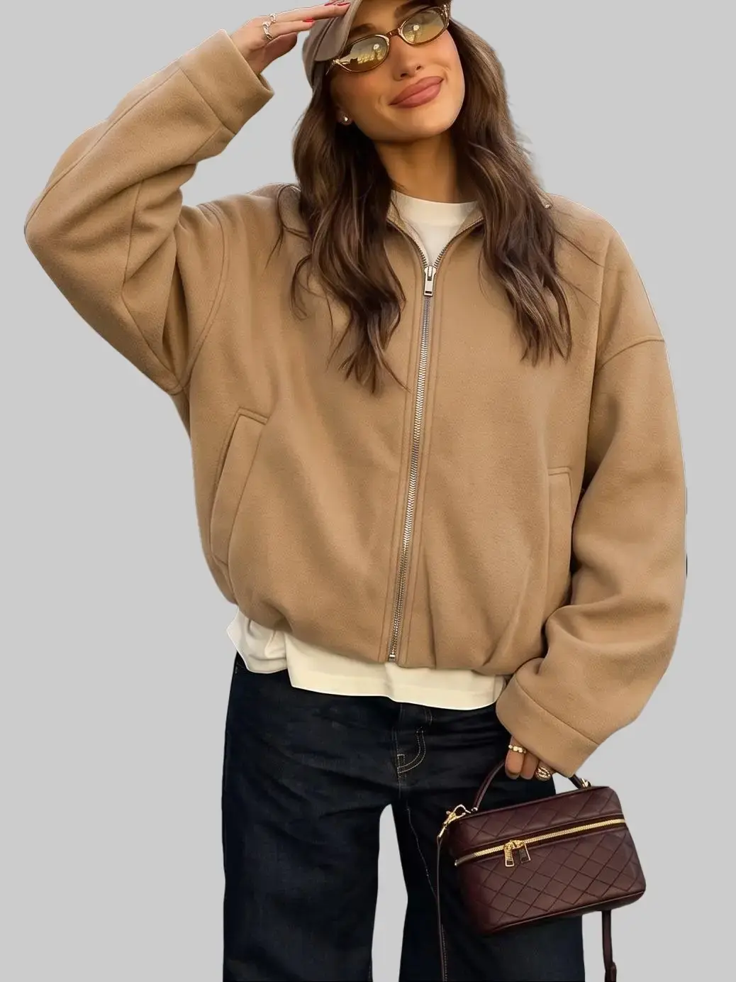 ZEAGOO Women's Minimalist Oversized Zip-Up Cropped Faux Wool Bomber Jacket - Long Sleeves, Loose Fit, Smooth Basic Solid Outerwear for Fall Winter Casual Wear, Silver, Adjustable Details, Coats, Longsleeves, Zipper, Zip Front, Patch Pocket