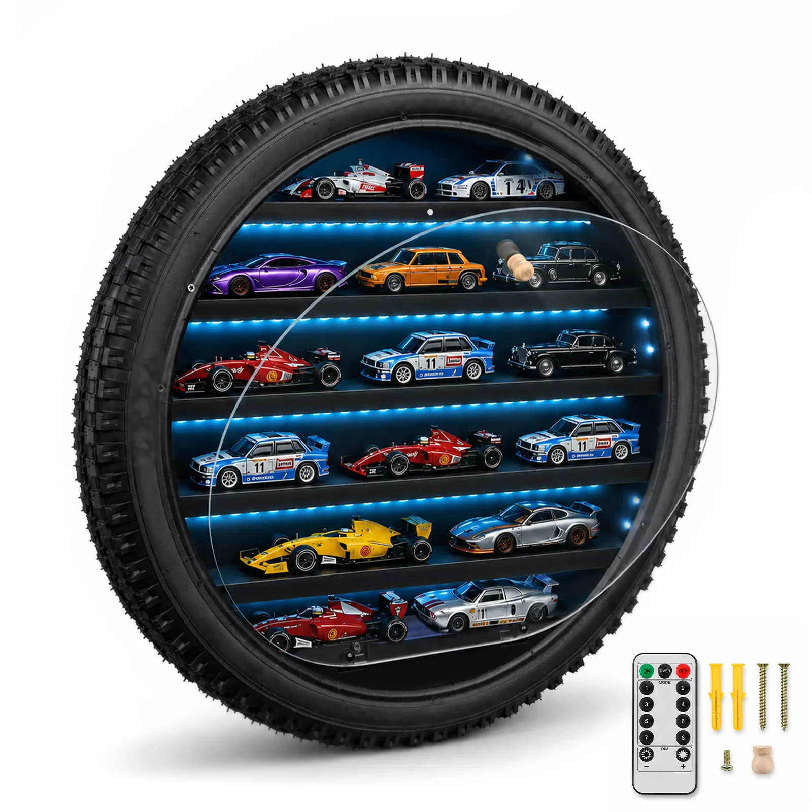 Tire-Shaped Display Case for 1/64 Scale Cars, Acrylic Dust Cover & Remote-Controlled LED Light, Wooden Collector Display Cabinet, Wall Mount or Tabletop Showcase for Diecast Car Collection