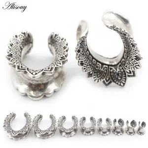 Alisouy 1PC 8-25mm Copper Flower Leaf U-shaped Saddle Ear Tunnel Plugs Expander Stretcher Gauges Earrings Piercing Body Jewelry