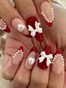 24Pcs Almond Press-On Nails Burgundy Red French Nails with Faux Pearls & Love Bow Full Coverage False Nail Tips for Women Girls Includes Adhesive Tabs & Jelly Glue Valentine’s Day Nail Set
