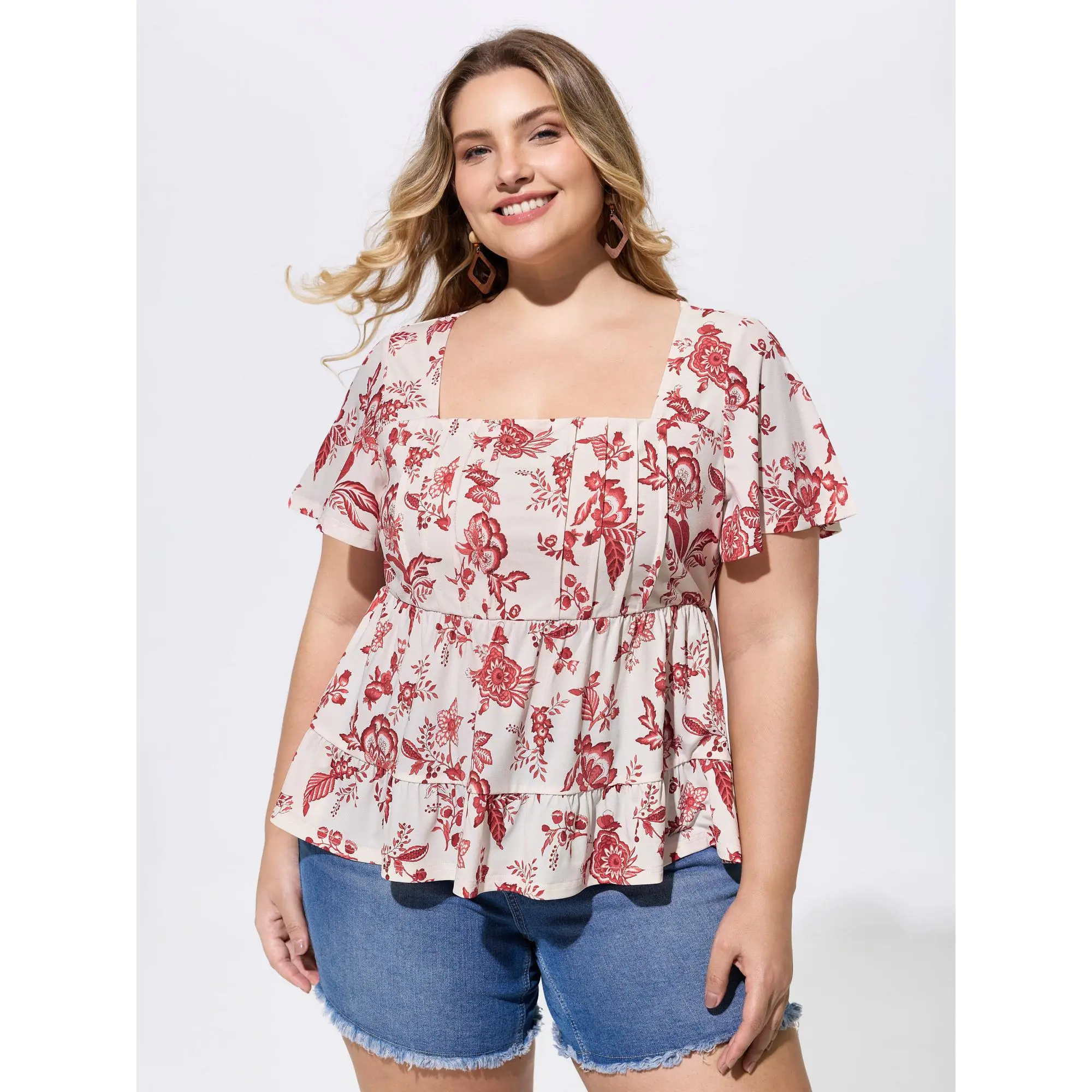 BloomChic Women's Plus Size Boho Ditsy Floral Blouse with Ruffles and Short Flutter Sleeves, Flowy Knit Fabric, Shortsleeve, Garment, Polyester, Women's Clothes, Plus Size Tops, Fit, Shirts, Spandex, Bohemian, Knit Top, Short Sleeves